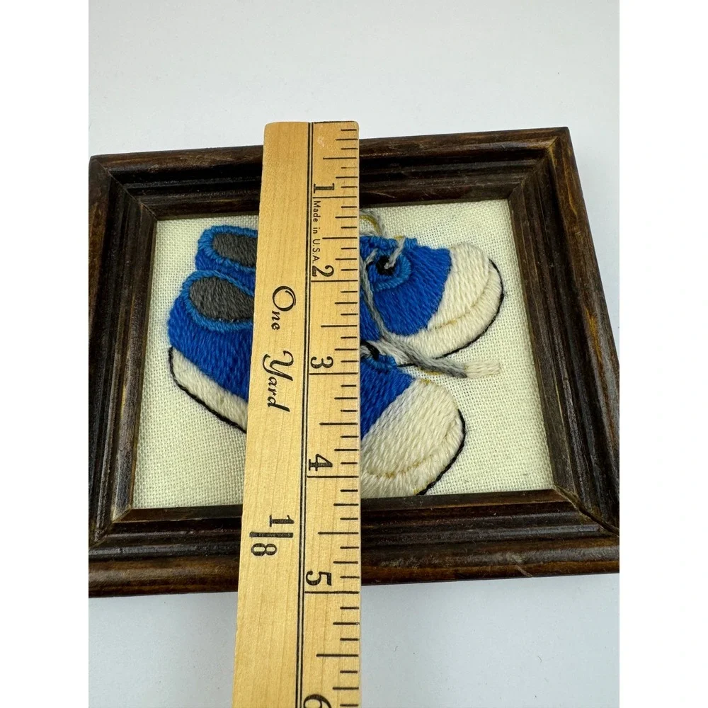 Vintage Crewel Embroidery Framed Wall Art Blue Sneakers Tennis Shoes Folk Art